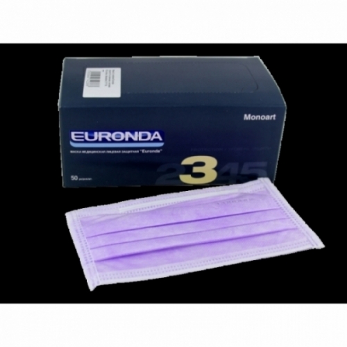 Маска одноразовая медицинская Euronda 3-х слойная на резинке, цвет лиловый 50 шт. в уп.